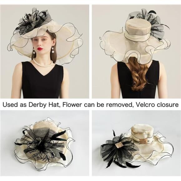 Women Organza Church Tea Party Hats Floral Beige Black main image 4